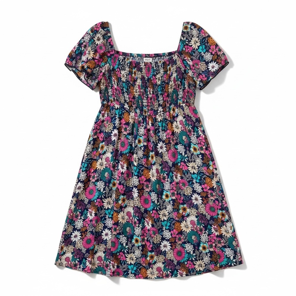 Floral Smocked Square-Neck Dress - Pink Multi